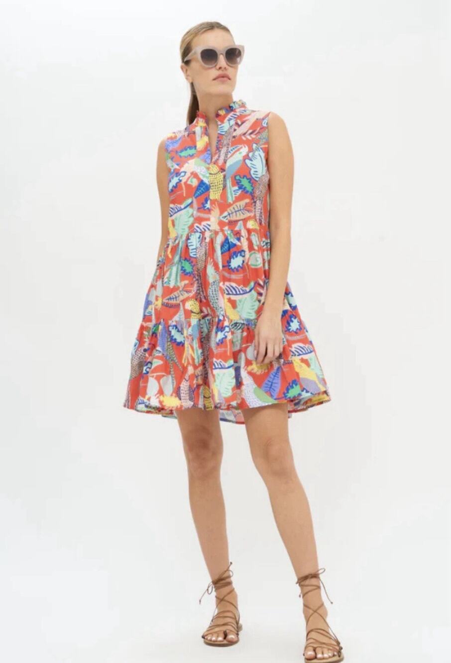 Tuckernuck Oliphant Yoke Parrots Birds Tiered Mini Sun Dress Women's XS